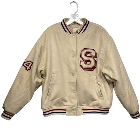 New with Tags Khaki + Blue Cream Red Blue Varsity Letter Jacket "S 84" Size L - Picture 1 of 11